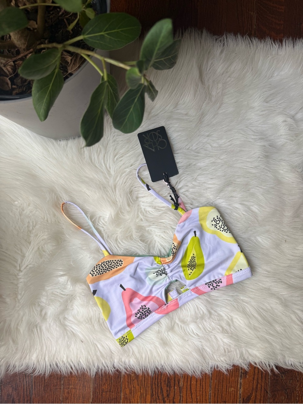 Chaser Fruit Print Cut Out Bikini Top White Yellow Orange NWT S